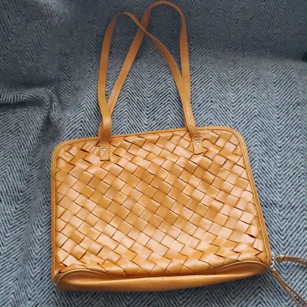 Latico NJ USA Cognac Woven Leather Messenger Bag | Handcrafted Classic Bag